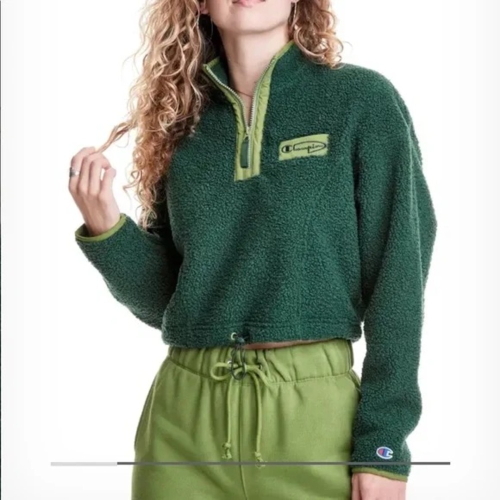 champion green fleece sherpa cropped half zip pullover sweater